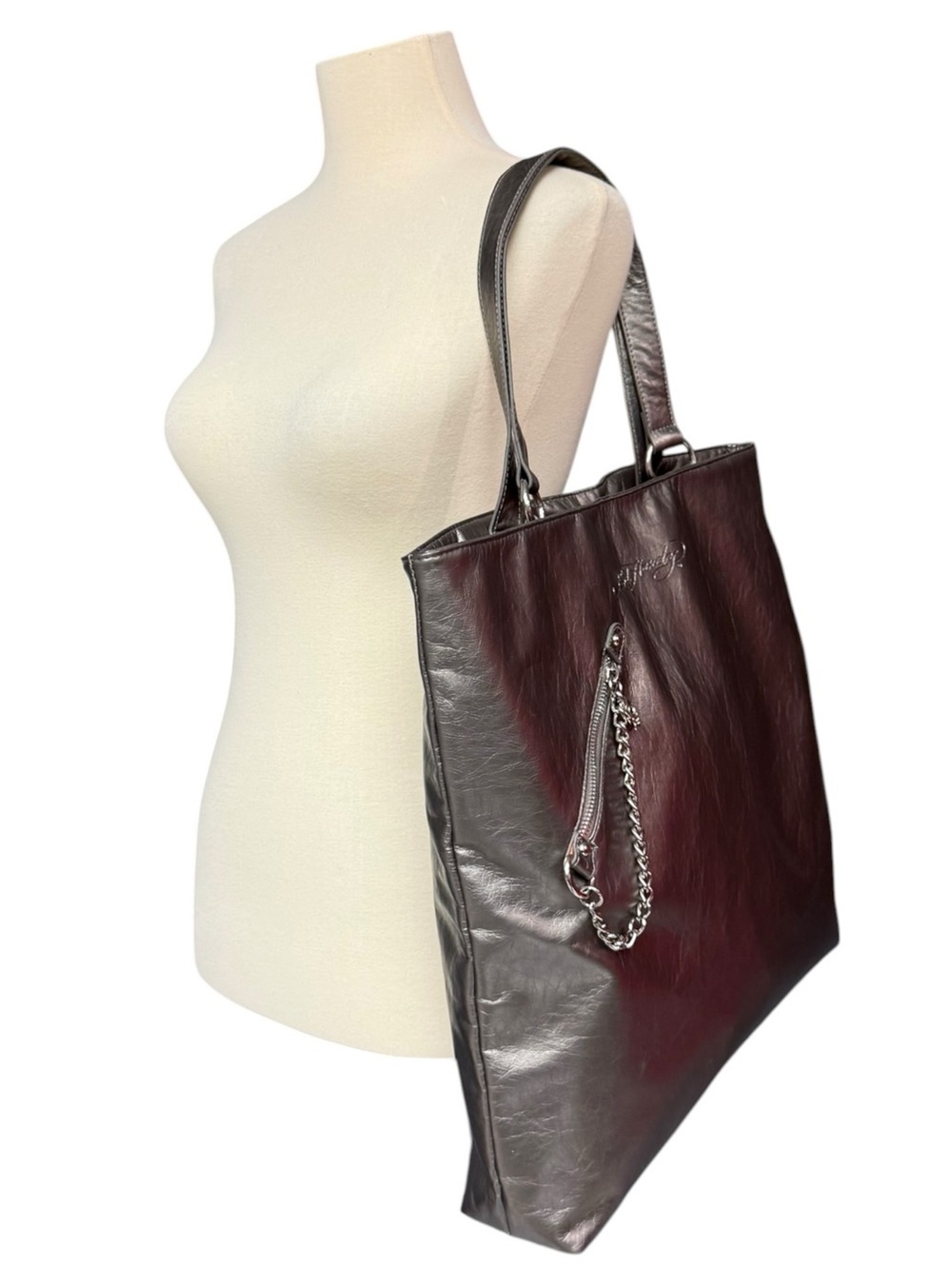 Ed Hardy Metallic Silver Tote with Skull Chain Accent Oversized Large Tote Bag - Picture 17 of 17